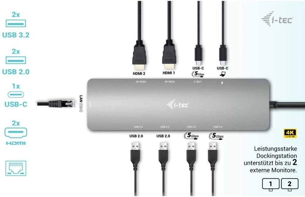 I-tec USB-C Metal Nano 2x HDMI LAN maitinimo tiekimas 100W