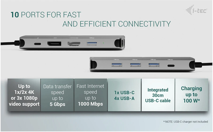 I-tec USB-C Metal Nano 3x Ekranas DP HDMI VGA Docking Station LAN Power Delivery 100W