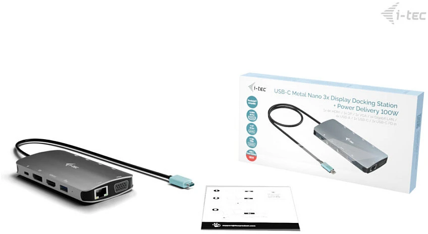 I-tec USB-C Metal Nano 3x Ekranas DP HDMI VGA Docking Station LAN Power Delivery 100W