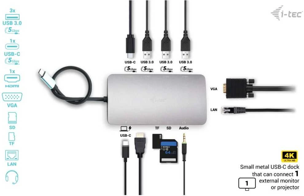 I-tec Metal C31NANODOCKVGAPD knyginių kompiuterių dokas / jungčių replikatorius Vielinis USB 3.2 Gen 1 (3.1 Gen 1) Type-C Sidabras