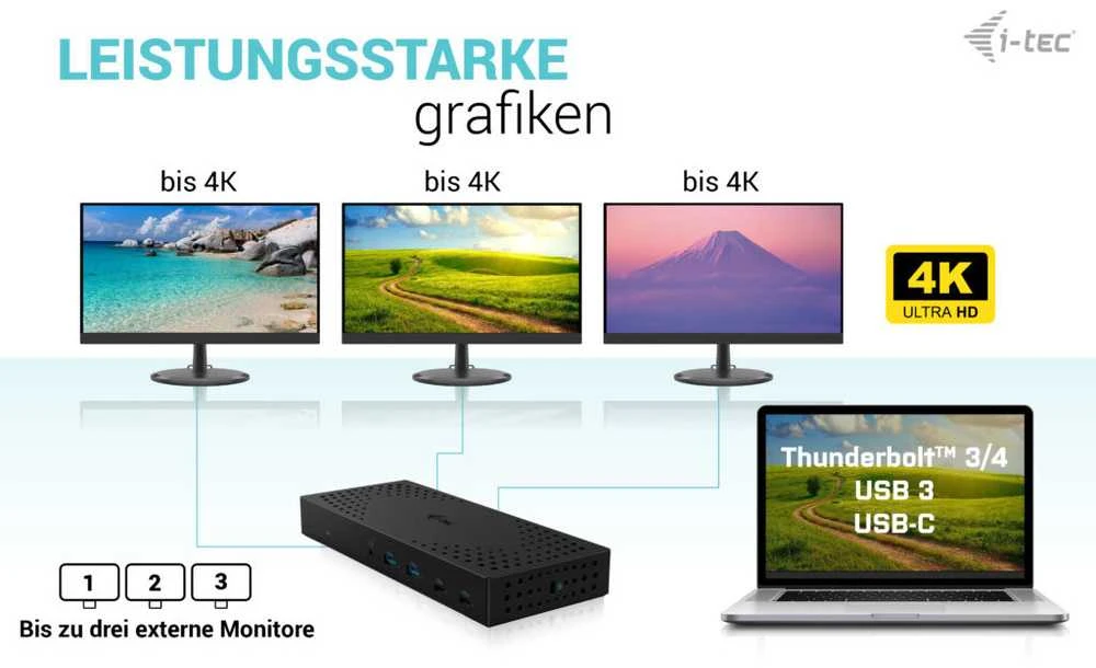 I-TEC USB 3.0 USB-C Thunderbolt 3x 4K prijungimo stotis Gen 2 + maitinimo tiekimas 100 W