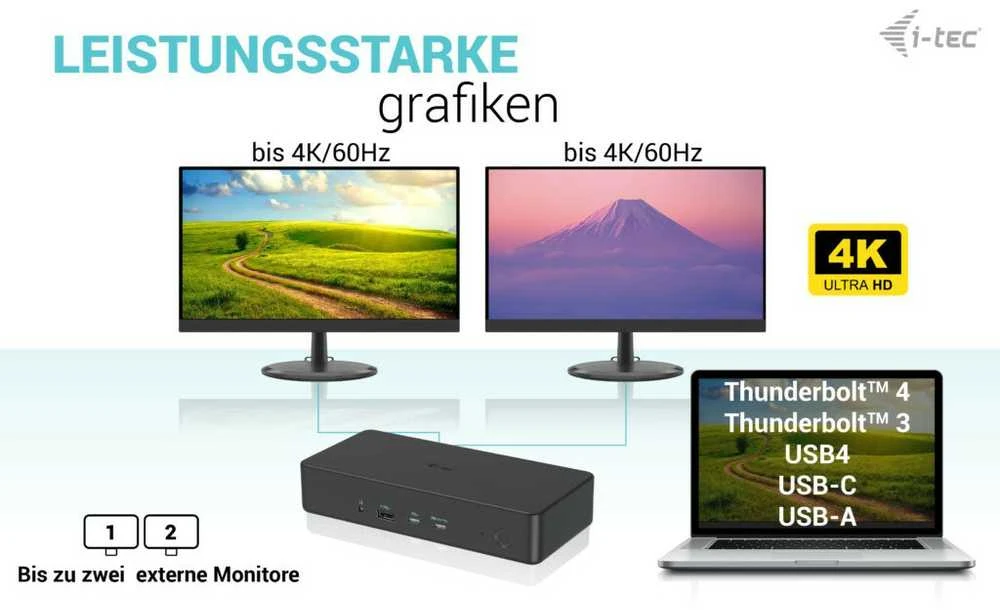 I-TEC USB 3.0 USB-C Thunderbolt 3 Professional Dual 4K Ekrano prijungimo stotis Generation 2 + maitinimo tiekimas 100 W