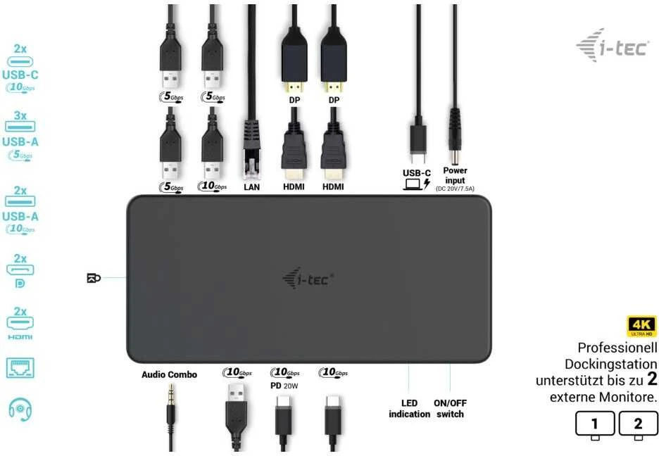I-TEC USB 3.0 USB-C Thunderbolt 3 Professional Dual 4K Ekrano prijungimo stotis Generation 2 + maitinimo tiekimas 100 W