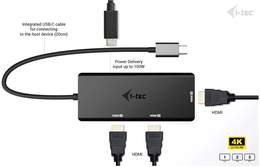 I-tec Doko stotelė usb-c triple 4k hdmi video adapter power delivery 100w