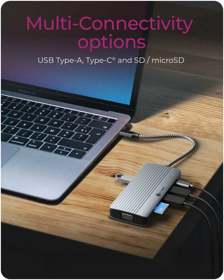 Icy Box 10w1 USB-C replikatorius su prijungtais prietaisais
