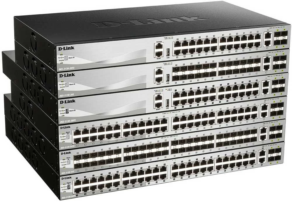Šakotuvas D-Link DGS-3130-30PS/E L3 sukraunamas valdomas Gigabit PoE jungiklis, 24x PoE gigabit, 2x 10GBASE-T, 4x SFP+, 370W PoE