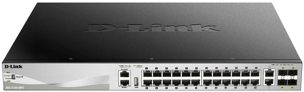 Šakotuvas D-Link DGS-3130-30PS/E L3 sukraunamas valdomas Gigabit PoE jungiklis, 24x PoE gigabit, 2x 10GBASE-T, 4x SFP+, 370W PoE