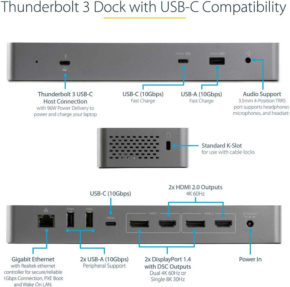 Stotis / replikatorius StarTech TB3 USB-C dokas / Dual 4K / 96W PD