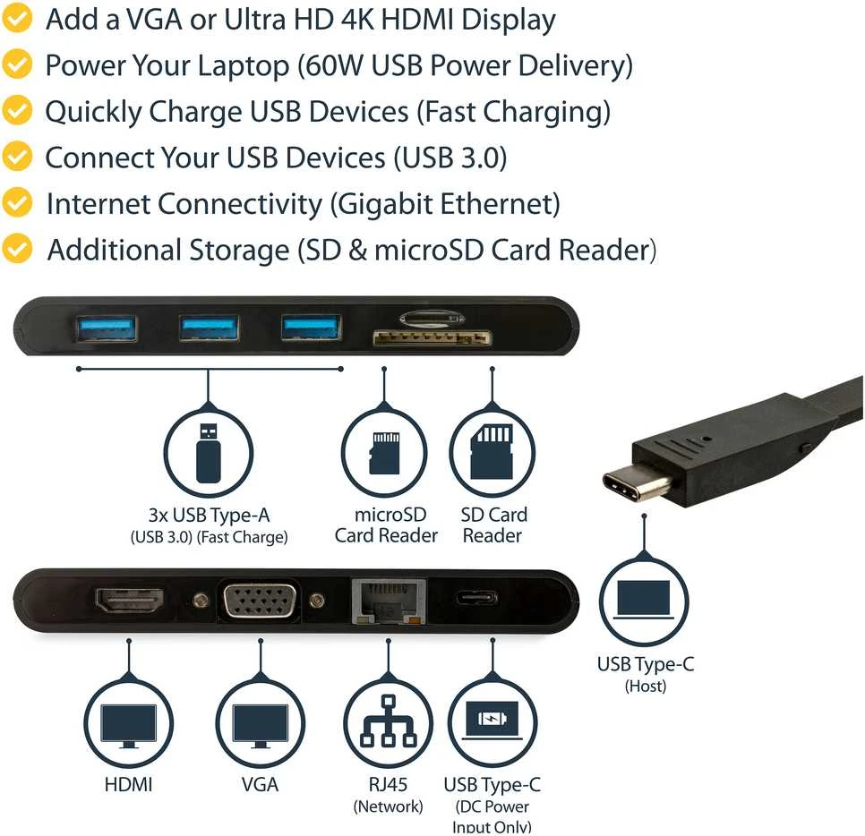 StarTech DKT30CHVSCPD USB-C kelių prievadų adapteris USB3.0 C -> 1x USB-C PD, 1x HDMI, 1x RJ45, 3x USB3.0, 1x VGA