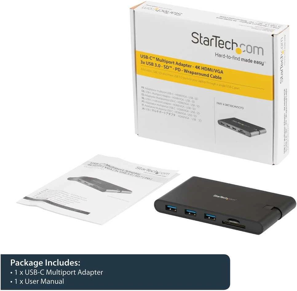 StarTech DKT30CHVSCPD USB-C kelių prievadų adapteris USB3.0 C -> 1x USB-C PD, 1x HDMI, 1x RJ45, 3x USB3.0, 1x VGA