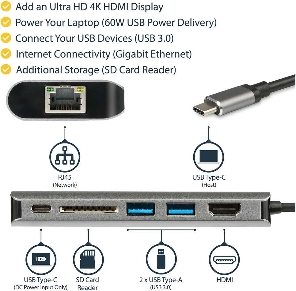 StarTech.com DKT30CSDHPD3 knyginių kompiuterių dokas / jungčių replikatorius Vielinis USB 3.2 Gen 1 (3.1 Gen 1) Type-C Juoda, Pilka