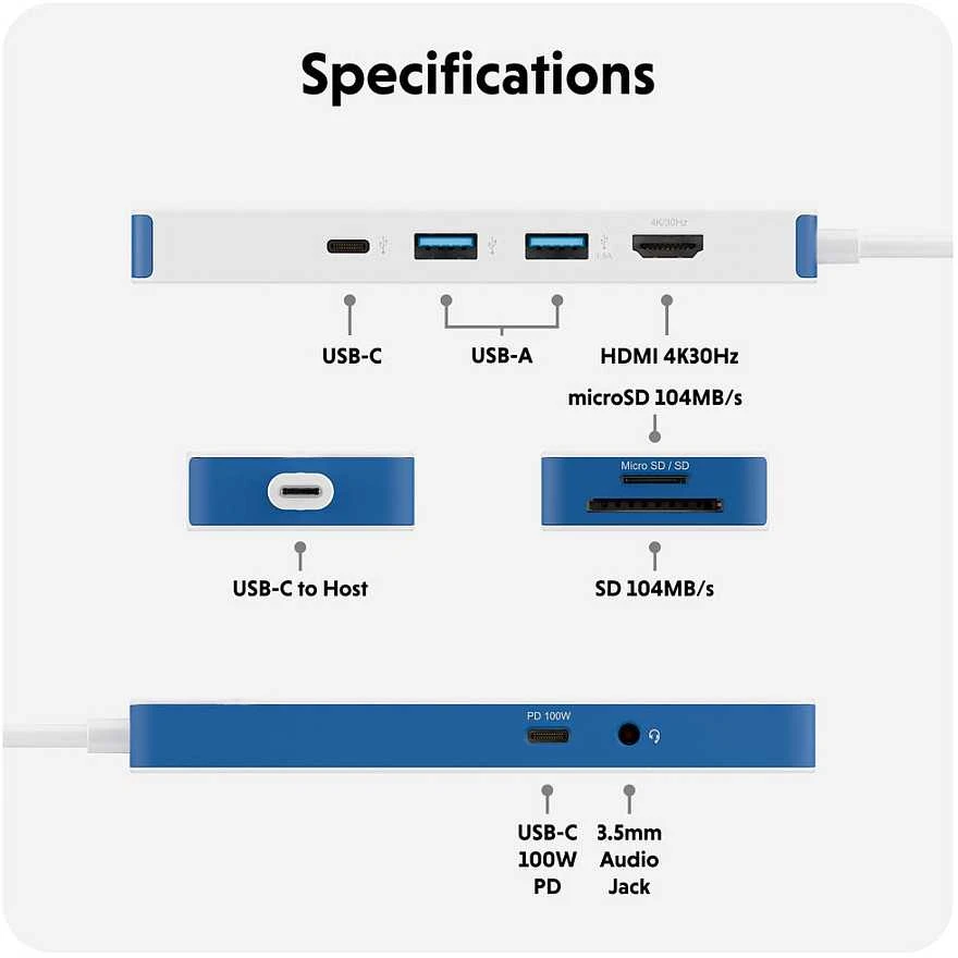 Hyper HyperDrive Flex 8 Port USB-C Hub, Baltas/Mėlyna | HD4102BUGL | HDMI jungtys quantity 1