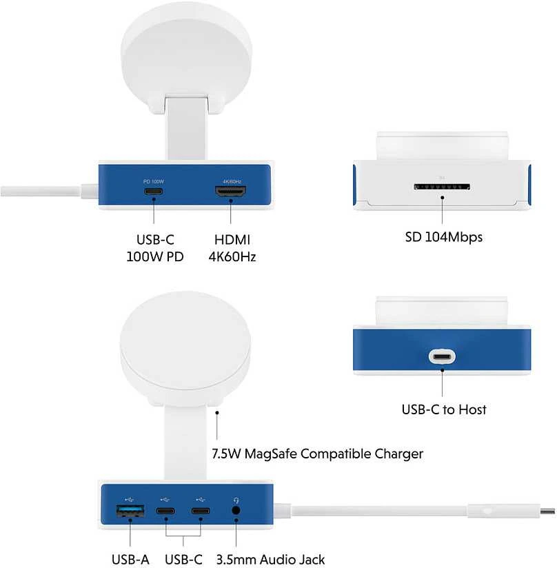 Targus „Hyper HyperDrive Flex MagCharge“ USB-C šakotuvas, Baltas/Mėlyna | HD8100BUGL | HDMI jungtys kiekis: 1