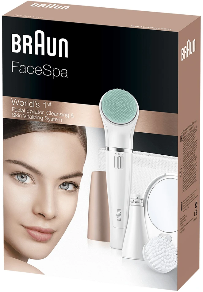 SE851v Braun FaceSpa veido epiliatorius ir šepetėlis + veidrodėlis su šviesa + kosmetinė