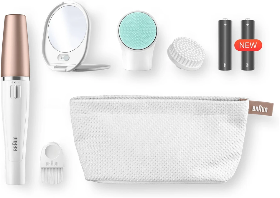 SE851v Braun FaceSpa veido epiliatorius ir šepetėlis + veidrodėlis su šviesa + kosmetinė