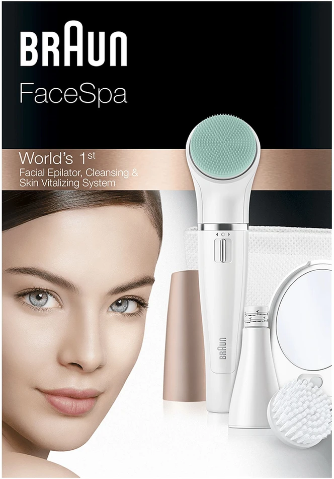 SE851v Braun FaceSpa veido epiliatorius ir šepetėlis + veidrodėlis su šviesa + kosmetinė