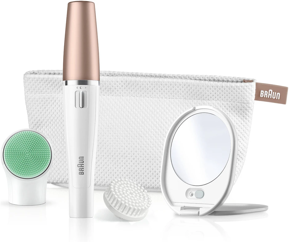 SE851v Braun FaceSpa veido epiliatorius ir šepetėlis + veidrodėlis su šviesa + kosmetinė