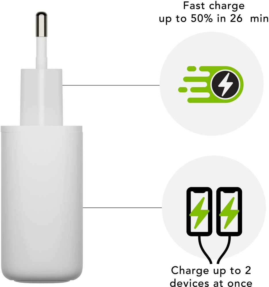 dbramante1928 - Įkroviklis - Sieninis įkroviklis GaN - 2x USB-C 25W EU - Baltas