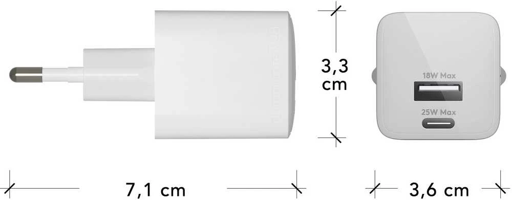 dbramante1928 - Įkrovimas - Sieninis įkroviklis GaN - USB-C+USB-A 25W+18W EU - Baltas