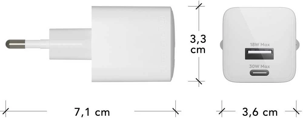dbramante1928 - Įkrovimas - Sieninis įkroviklis GaN - USB-C+USB-A 30W+18W EU - Baltas