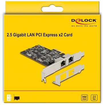 DeLOCK PCI Express x2 plokštė į 2 x RJ45 2.5 Gigabit LAN i225, vidinė, laidinė, PCI Express, Ethernet, 2500 Mbit/s, nerūdijantis plienas