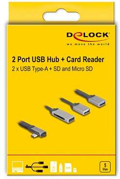 Skaitytuvas Delock DELOCK 2 Port USB Hub inklusive SD und Micro SD Card Reader mit USB Type-C Anschluss