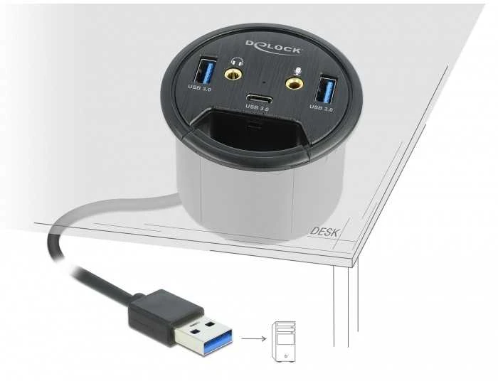 Delock 3 prievadų stalo šakotuvas, 1 x USB Type-C™ ir 2 x USB Type-A + HD garso prievadai