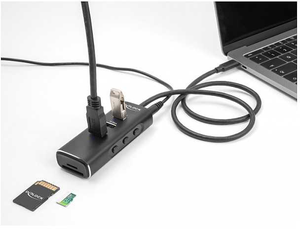 Delock 3 Port USB 10 Gbps Hub su SD i Micro SD Card Reader ze USB Type-C złączem 60cm Kabelis i przełącznikiem dla jeden Port (64234)