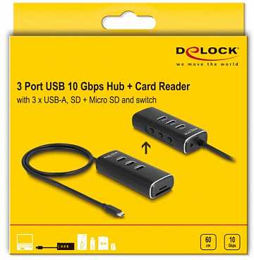 Delock 3 Port USB 10 Gbps Hub su SD i Micro SD Card Reader ze USB Type-C złączem 60cm Kabelis i przełącznikiem dla jeden Port (64234)