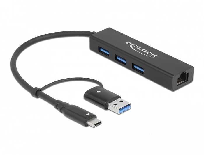 Delock 3 Port USB 3.2 Gen 1 Hub + Gigabit LAN