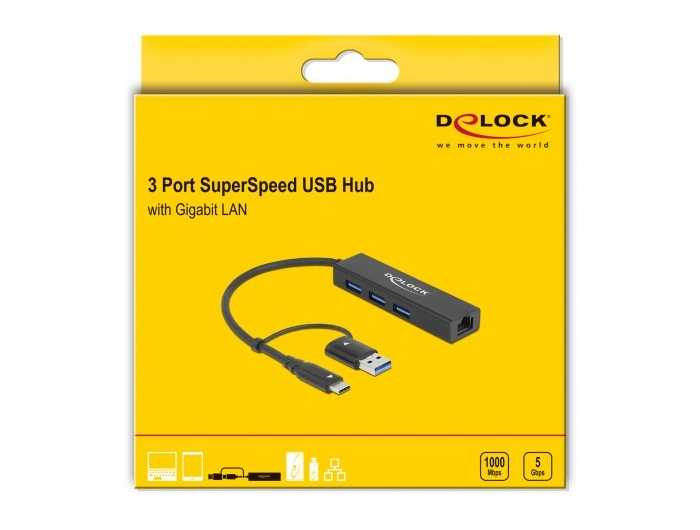 Delock 3 Port USB 3.2 Gen 1 Hub + Gigabit LAN