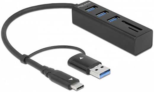 Delock 3 prievadų USB 3.2 Gen 1 Hub + SD ir Micro SD kortelių skaitytuvas