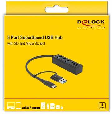 Delock 3 prievadų USB 3.2 Gen 1 Hub + SD ir Micro SD kortelių skaitytuvas