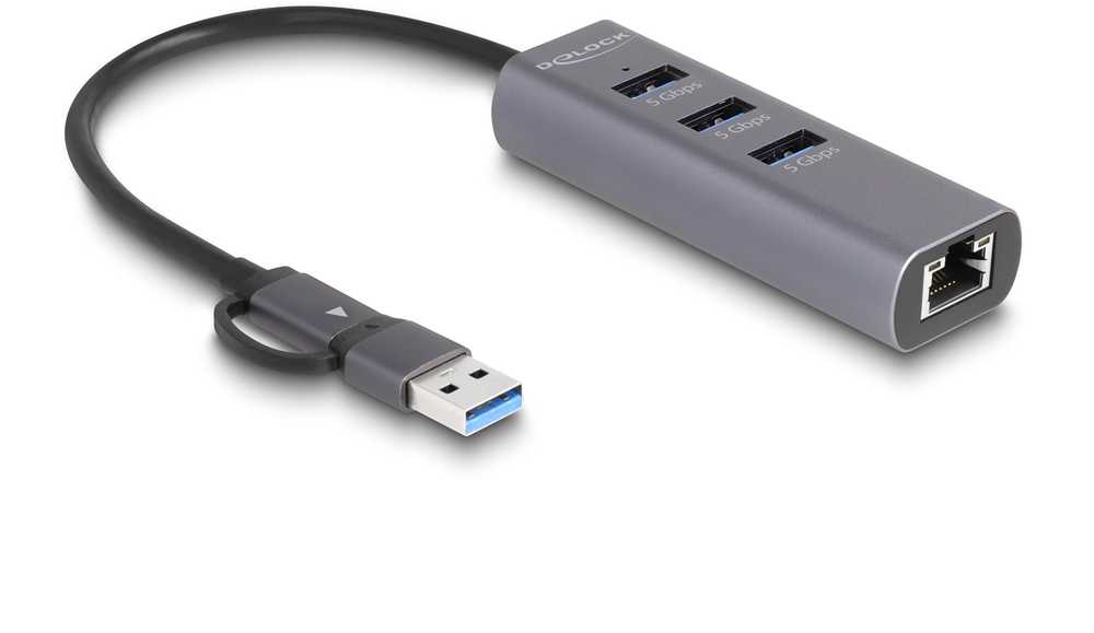 DeLOCK 3 prievadų USB 5 Gbps šakotuvas + Gigabit LAN su USB Type-C, prijungimo stotis (pilka)