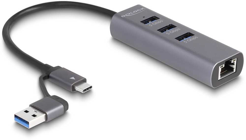 DeLOCK 3 prievadų USB 5 Gbps šakotuvas + Gigabit LAN su USB Type-C, prijungimo stotis (pilka)