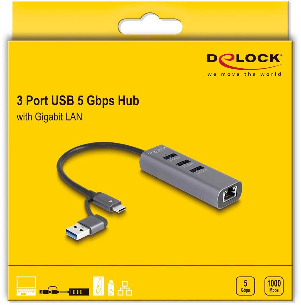 DeLOCK 3 prievadų USB 5 Gbps šakotuvas + Gigabit LAN su USB Type-C, prijungimo stotis (pilka)