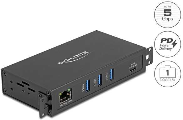 Karta jungiama į tinklą Delock 3 Port USB 5 Gbps Hub + RJ45 Gigabit LAN PoE++ Port złącze hosta USB Type-C™ w obudowie metalowej i 1,5 kV Isolation