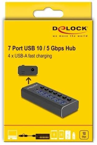 HUB USB Delock DELOCK 7 Port USB Hub mit 4 Ports 10 Gbps und 4 Schnellladeports 5 Gbps mit Schalter und Beleuchtung