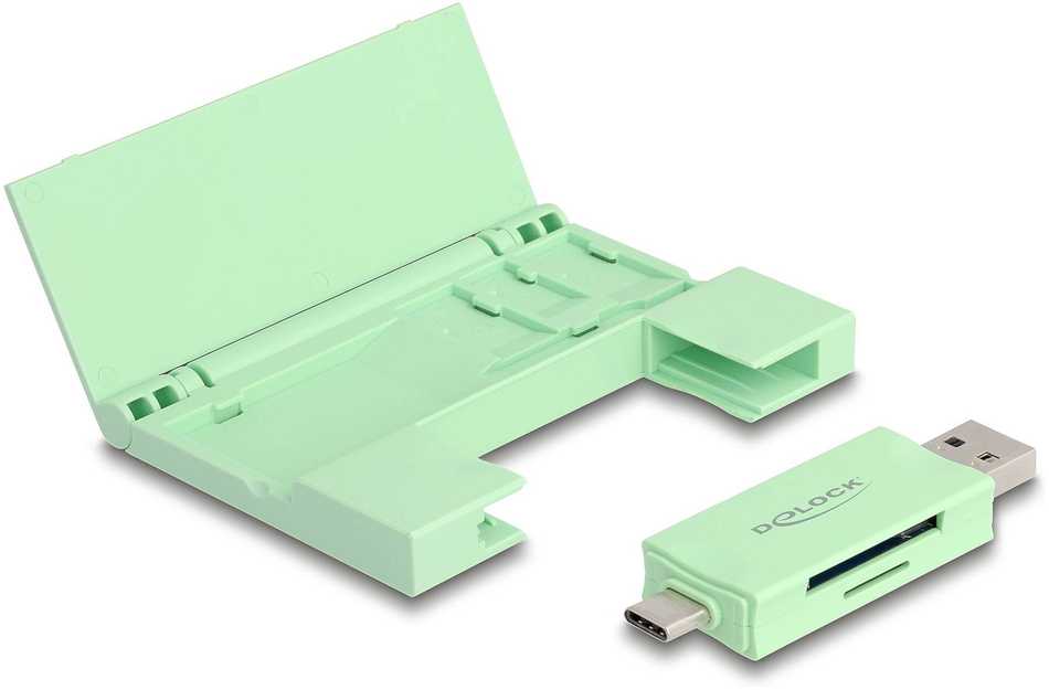 Delock Card Reader USB 5 Gbps USB Type-C™ / Typ-A für SD und Micro SD Speicherkarten mit praktischem Speicherkarten Dėklas - mint