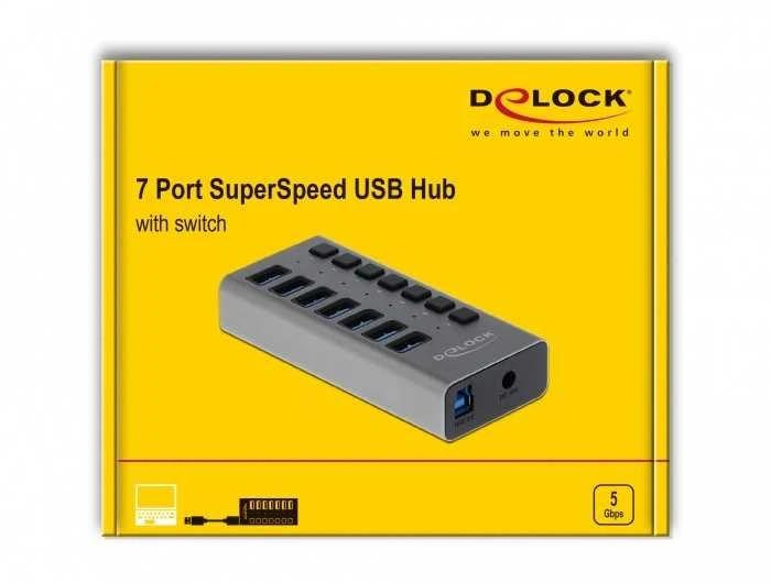 Delock External SuperSpeed USB Hub su 7 prievadais + jungikliu
