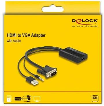„DeLOCK“ HDMI į VGA adapteris su garsu, 25 cm, 0,25 m, HDMI A tipo (standartinis), VGA (D-Sub) + 3,5 mm + USB A tipo, lizdas, kištukas, tiesus