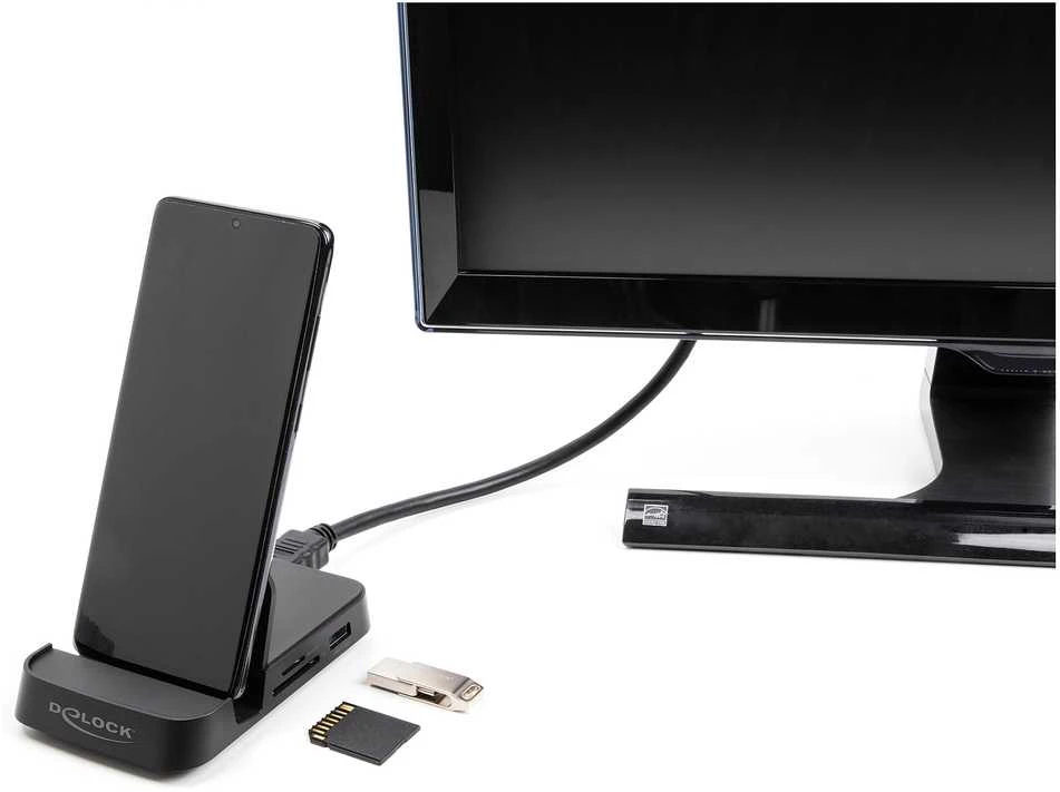 „DeLOCK“ 4K išmaniojo telefono prijungimo stotelė su integruotu laikikliu – HDMI/USB/šabukas/SD/Micro SD, skirta „Android“ arba „Windows“