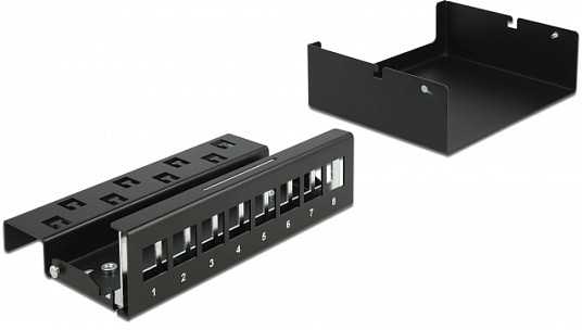 „DeLOCK Keystone“ komutacinė panelė, 8 prievadų, juoda, juoda, metalinė, 112,5 mm, 158,5 mm, 45,2 mm