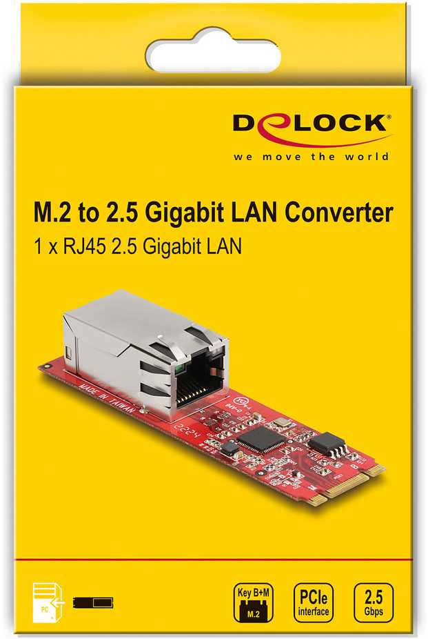 „DeLOCK“ keitiklis, M.2 rakto B+M jungtis į 1 x RJ45 2.5 gigabito LAN prievadą horizontaliai, LAN adapteris