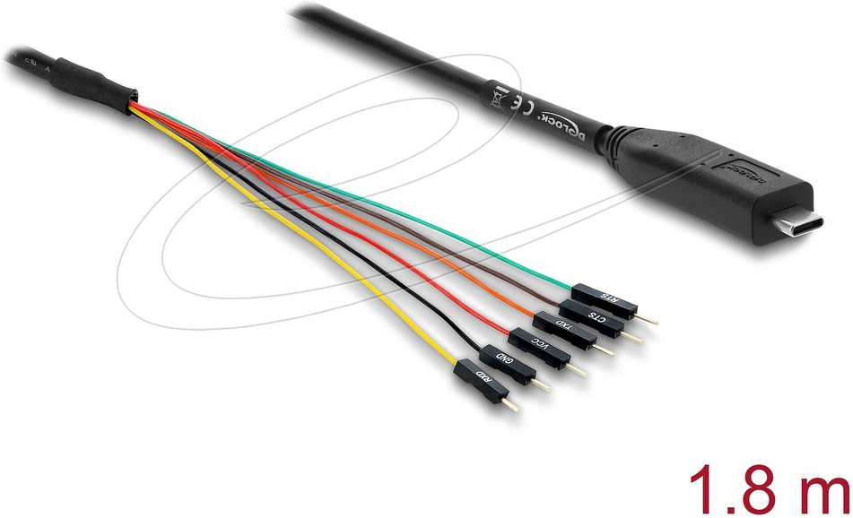 Delock Konverter USB 2.0 Type-C™ zu UART TTL (3,3 V) Schnittstelle mit 6 x Pfostenstecker TX/RX/CTS/RTS und 5 V Ausgangsspannung 1,8 m