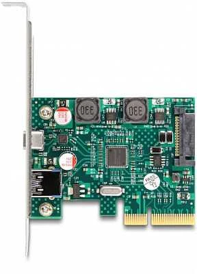 DeLOCK PCI Express x4 plokštė su 1 x išoriniu USB 10 Gbps Type-C lizdu + 1 x išoriniu USB 10 Gbps Type-A lizdu – žemo profilio formatas, PCIe, USB 3.2 Gen 2 (3.1 Gen 2), žemo profilio, PCI 3.0, SATA 15 kontaktų, žalia, pilka