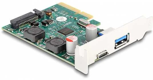 DeLOCK PCI Express x4 plokštė su 1 x išoriniu USB 10 Gbps Type-C lizdu + 1 x išoriniu USB 10 Gbps Type-A lizdu – žemo profilio formatas, PCIe, USB 3.2 Gen 2 (3.1 Gen 2), žemo profilio, PCI 3.0, SATA 15 kontaktų, žalia, pilka
