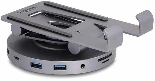 Delock HUB USB planšetinių kompiuterių ir nešiojamųjų kompiuterių prijungimo stotelė 4K su integruotu laikikliu - HDMI / USB / Hub / SD / Micro SD / PD 3.0 - 360 laipsnių pasukamas