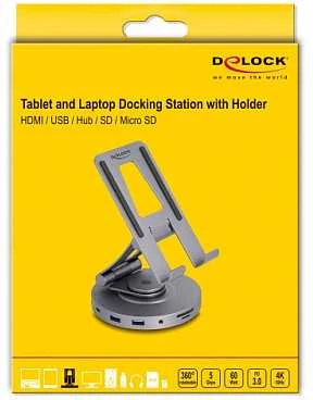Delock HUB USB planšetinių kompiuterių ir nešiojamųjų kompiuterių prijungimo stotelė 4K su integruotu laikikliu - HDMI / USB / Hub / SD / Micro SD / PD 3.0 - 360 laipsnių pasukamas