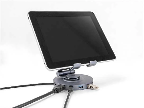 Delock HUB USB planšetinių kompiuterių ir nešiojamųjų kompiuterių prijungimo stotelė 4K su integruotu laikikliu - HDMI / USB / Hub / SD / Micro SD / PD 3.0 - 360 laipsnių pasukamas